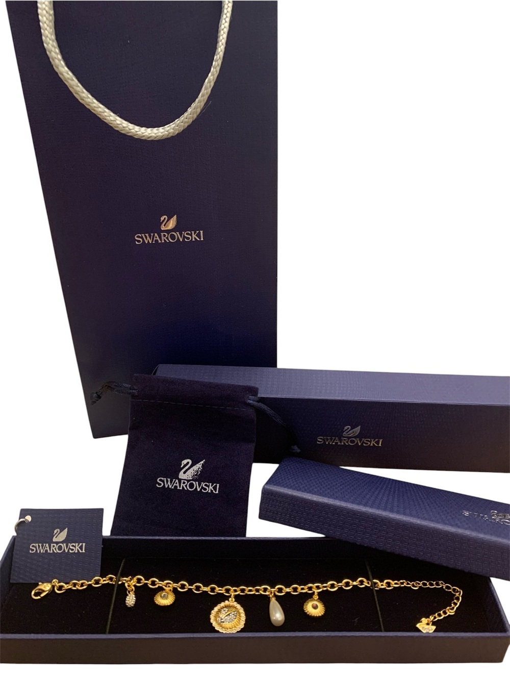 Swarovski Gold Charm Bracelet with Crystal and Pearl Charm 7.5inch